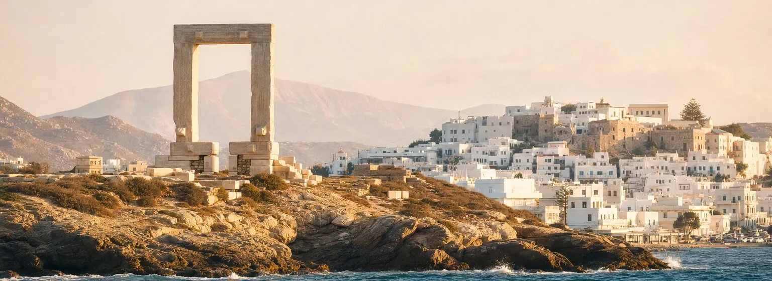 The Portara on its rock above the water, with the white houses of Chora rising behind it, in low evening light.